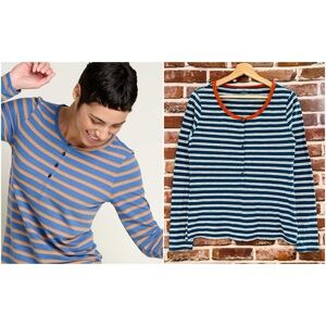 Toad & Co (Horny Toad) Stripe Out Henley, Blue & White Stripes w/ Orange Trim, M